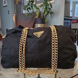VINTAGE Prada Quilted Black Shoulder Bag with Gold Chain